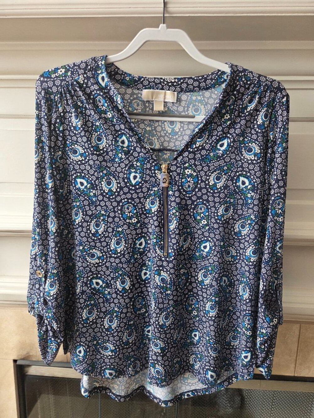 Michael Kors Women's Blue Paisley Zipper Blouse Size M